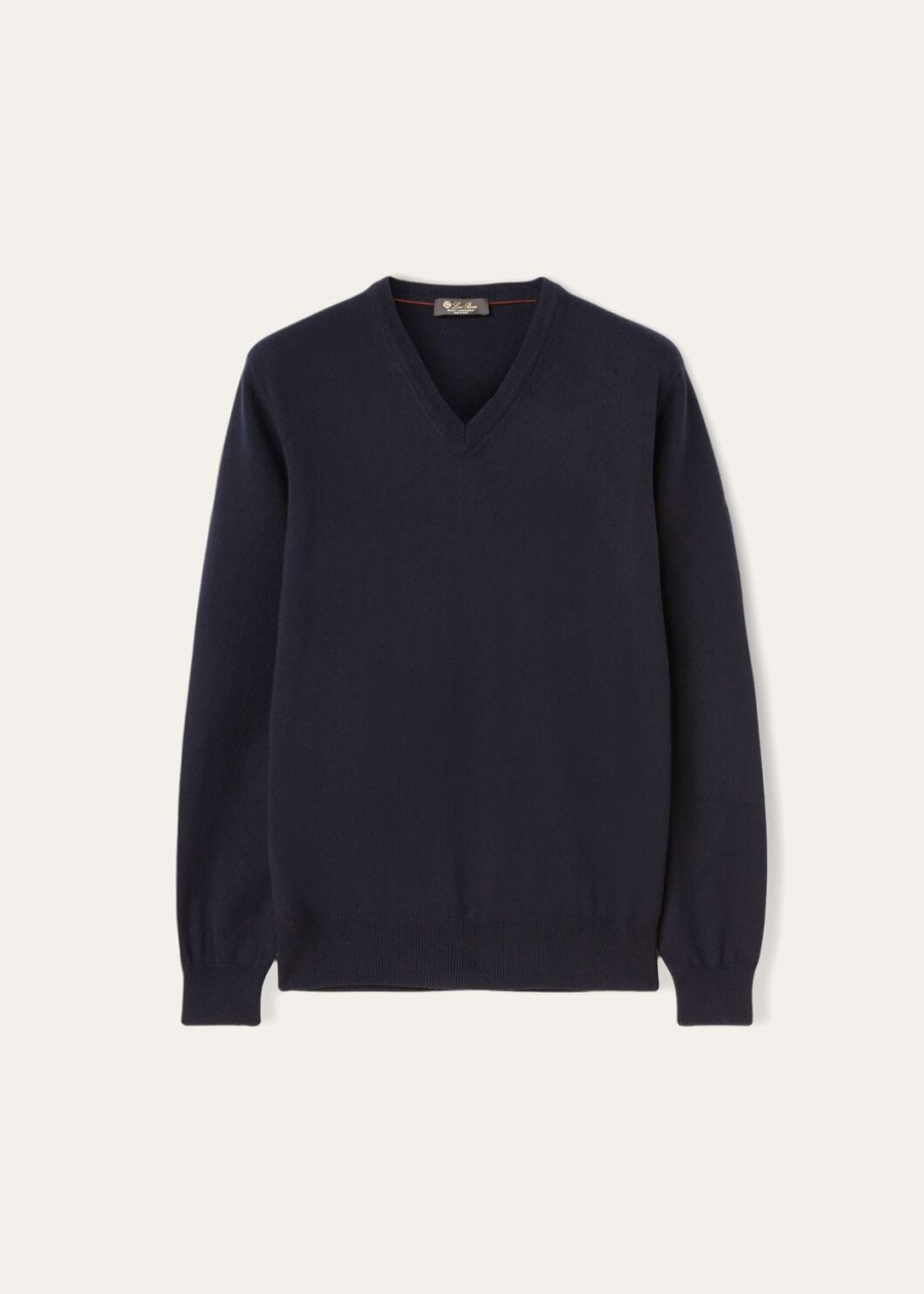 klasyczny sweter z dekoltem w serek baby cashmere w kolorze granatowym